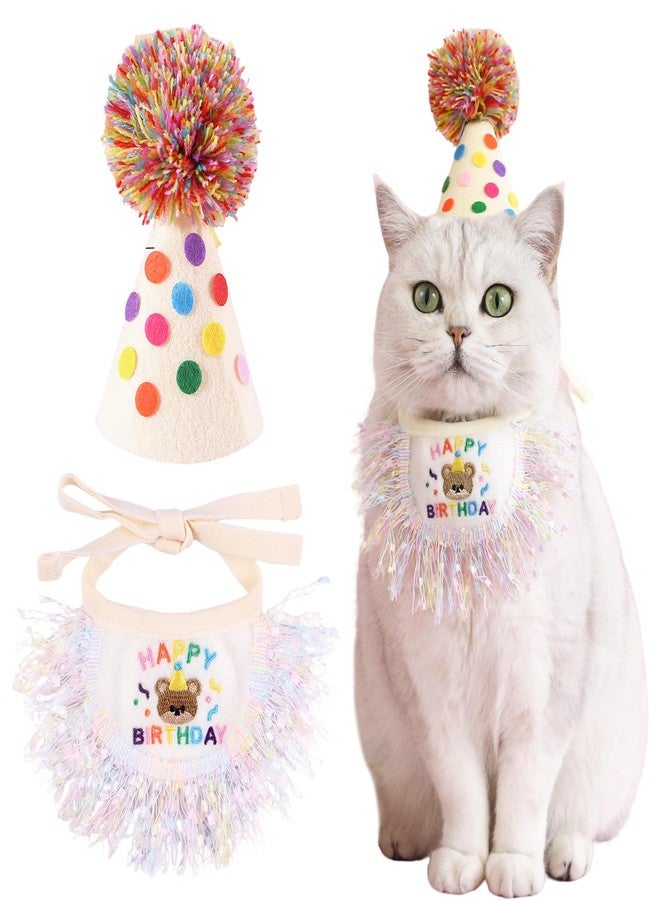 Kunyeah 2Pcs Pet Happy Birthday Hat Scarf Set Puppy Princess Costumes Cute Cat Bandana Outfit Dog Cone Hat wtih Pom-pom Colorful Lace Bib Collar Pet Birthday Decorations Party Supplies (Colorful) - Image 1